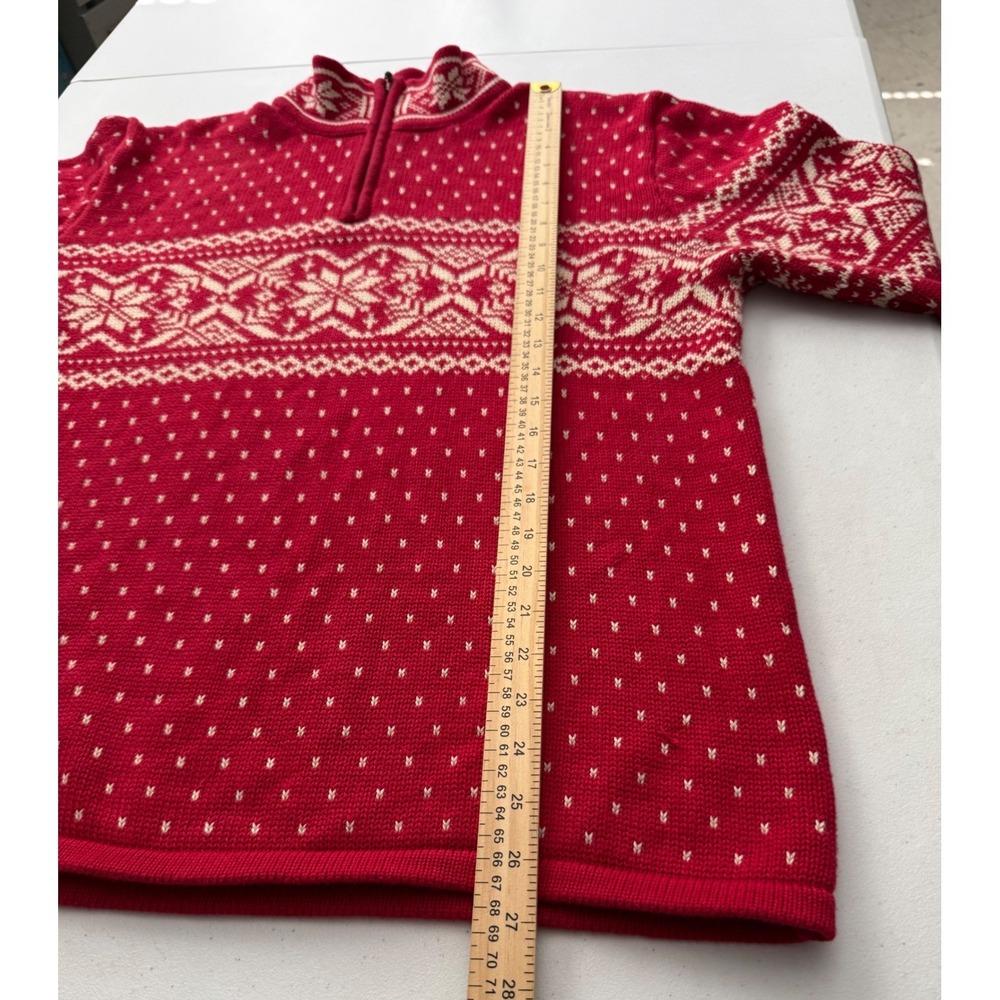 Lands End Mens M 38-40 Fair Isle Nordic Sweater Red Cream 1/4 Zip 100% Cotton - Picture 6 of 11